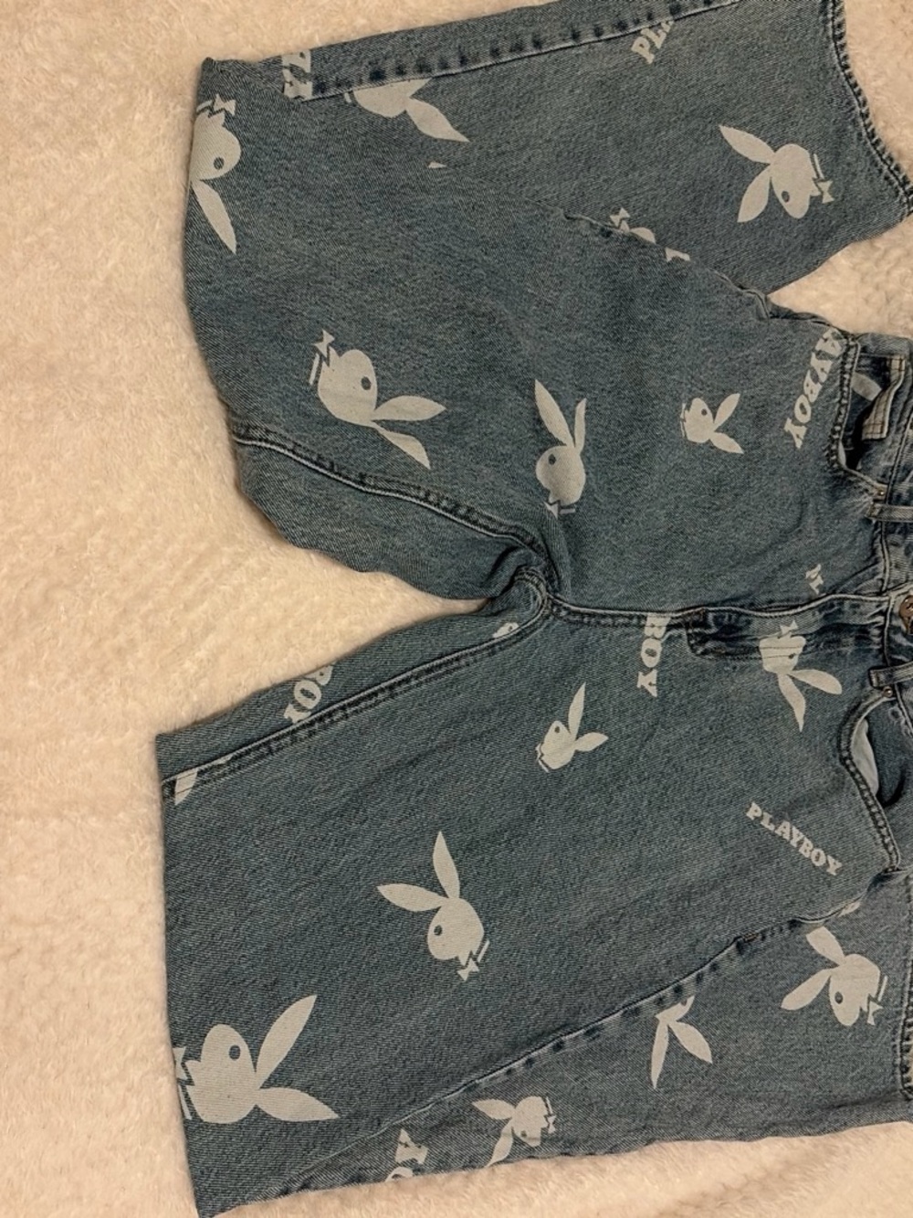 PLAYBOY Gray Denim Shorts with Bunny Print